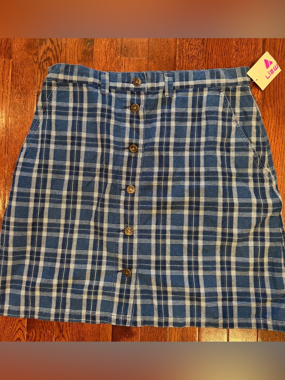 Vintage 90s Lizwear Blue Plaid Button Front Mini Skirt NWT Grunge Academia Large
